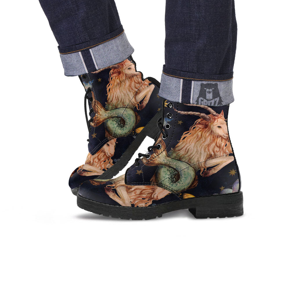 Zodiac Sign Watercolor Capricorn Print Leather Boots-grizzshop