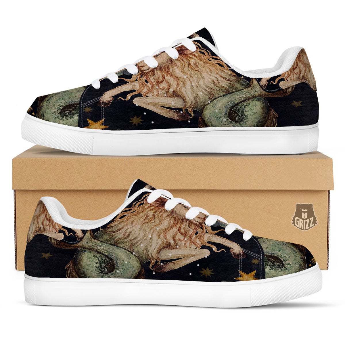 Zodiac Sign Watercolor Capricorn Print White Low Top Sneakers-grizzshop