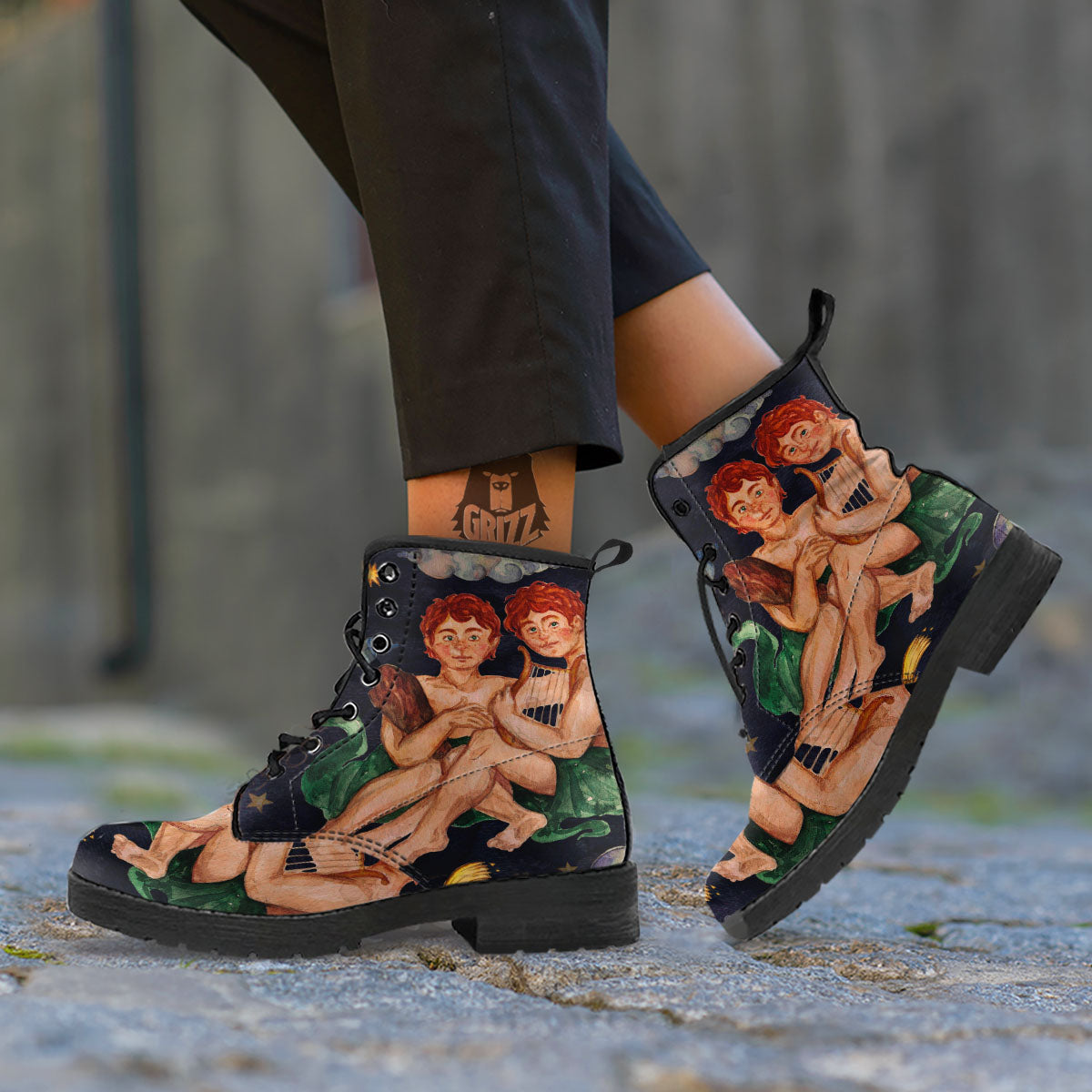 Zodiac Sign Watercolor Gemini Print Leather Boots-grizzshop
