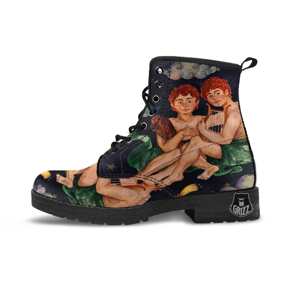 Zodiac Sign Watercolor Gemini Print Leather Boots-grizzshop
