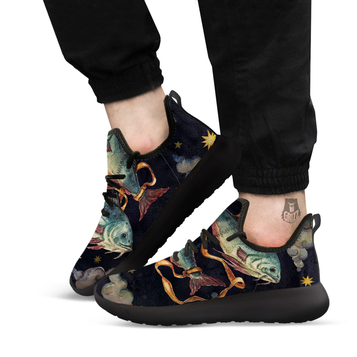 Zodiac Sign Watercolor Pisces Print Black Athletic Shoes-grizzshop