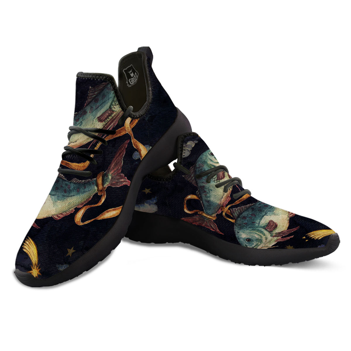Zodiac Sign Watercolor Pisces Print Black Athletic Shoes-grizzshop