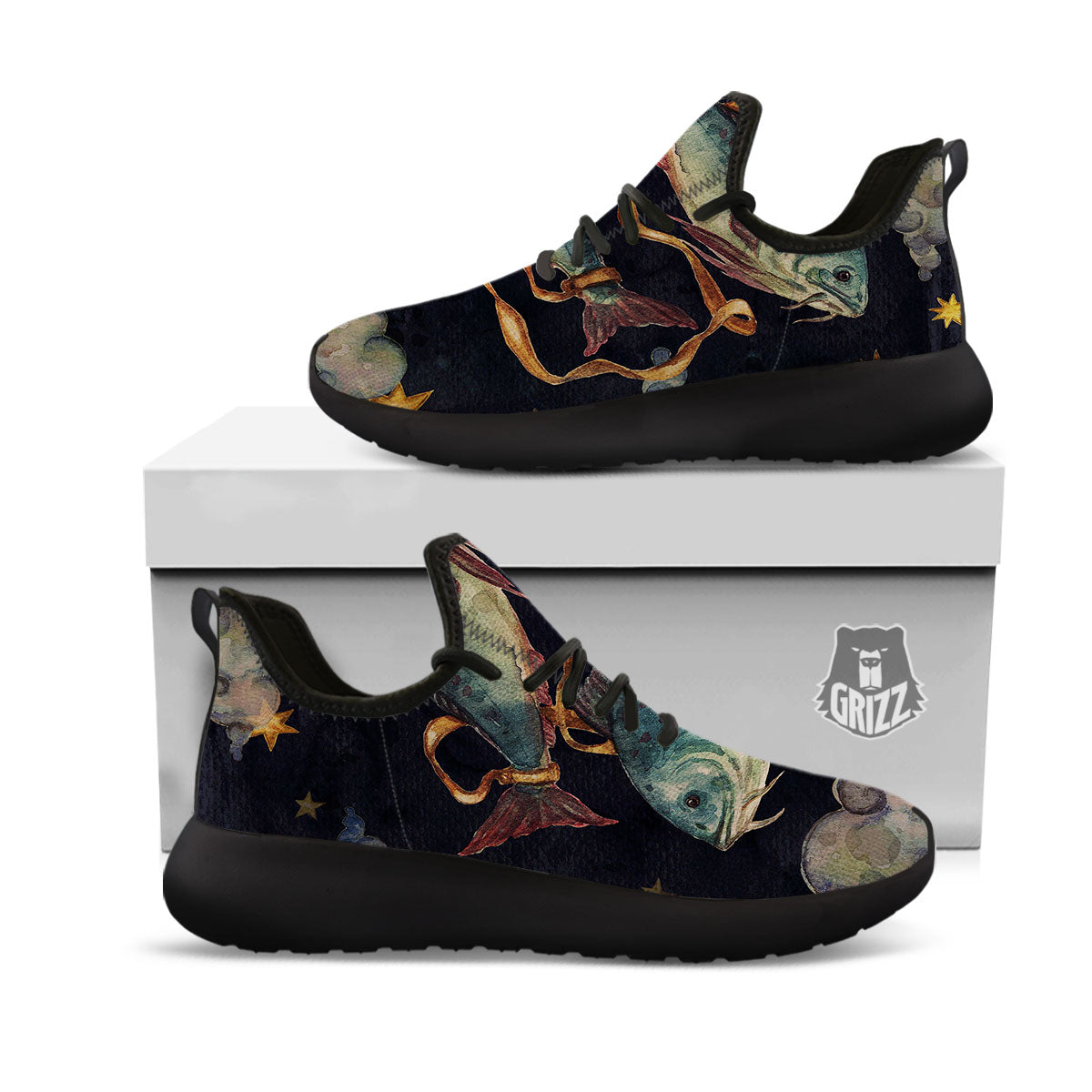 Zodiac Sign Watercolor Pisces Print Black Athletic Shoes-grizzshop