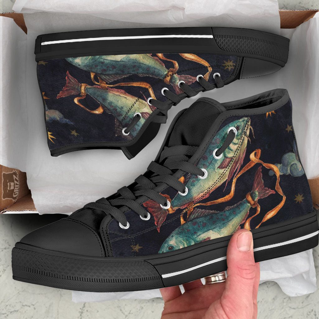 Zodiac Sign Watercolor Pisces Print Black High Top Shoes-grizzshop