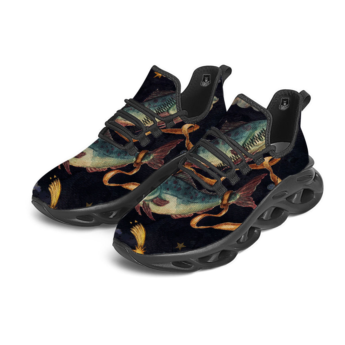 Zodiac Sign Watercolor Pisces Print Black Running Shoes-grizzshop