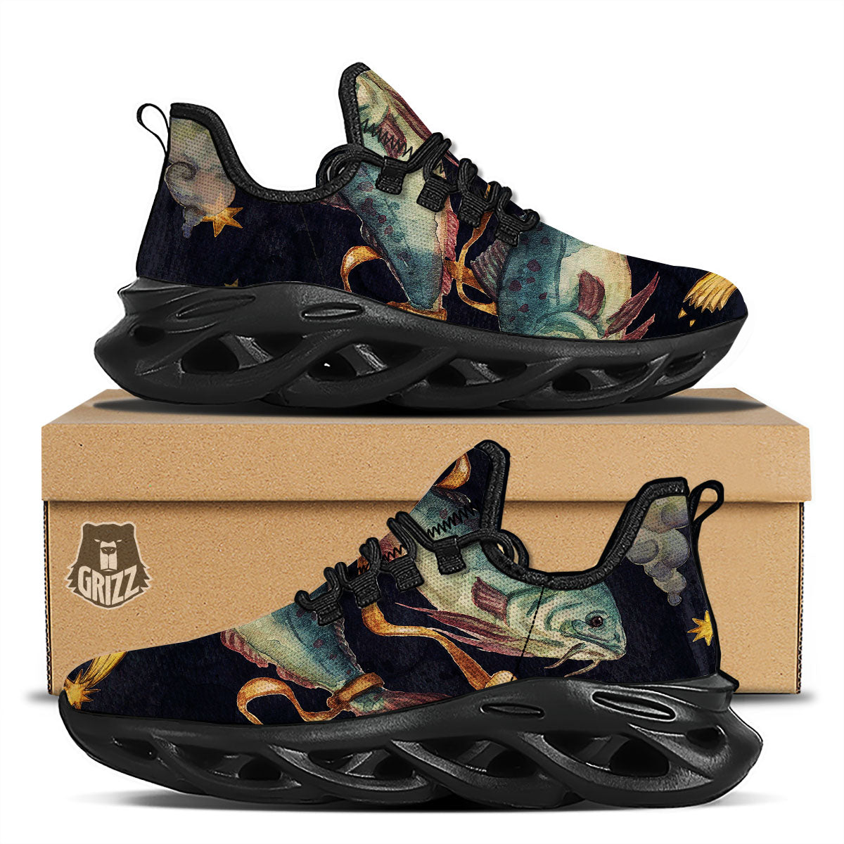 Zodiac Sign Watercolor Pisces Print Black Running Shoes-grizzshop