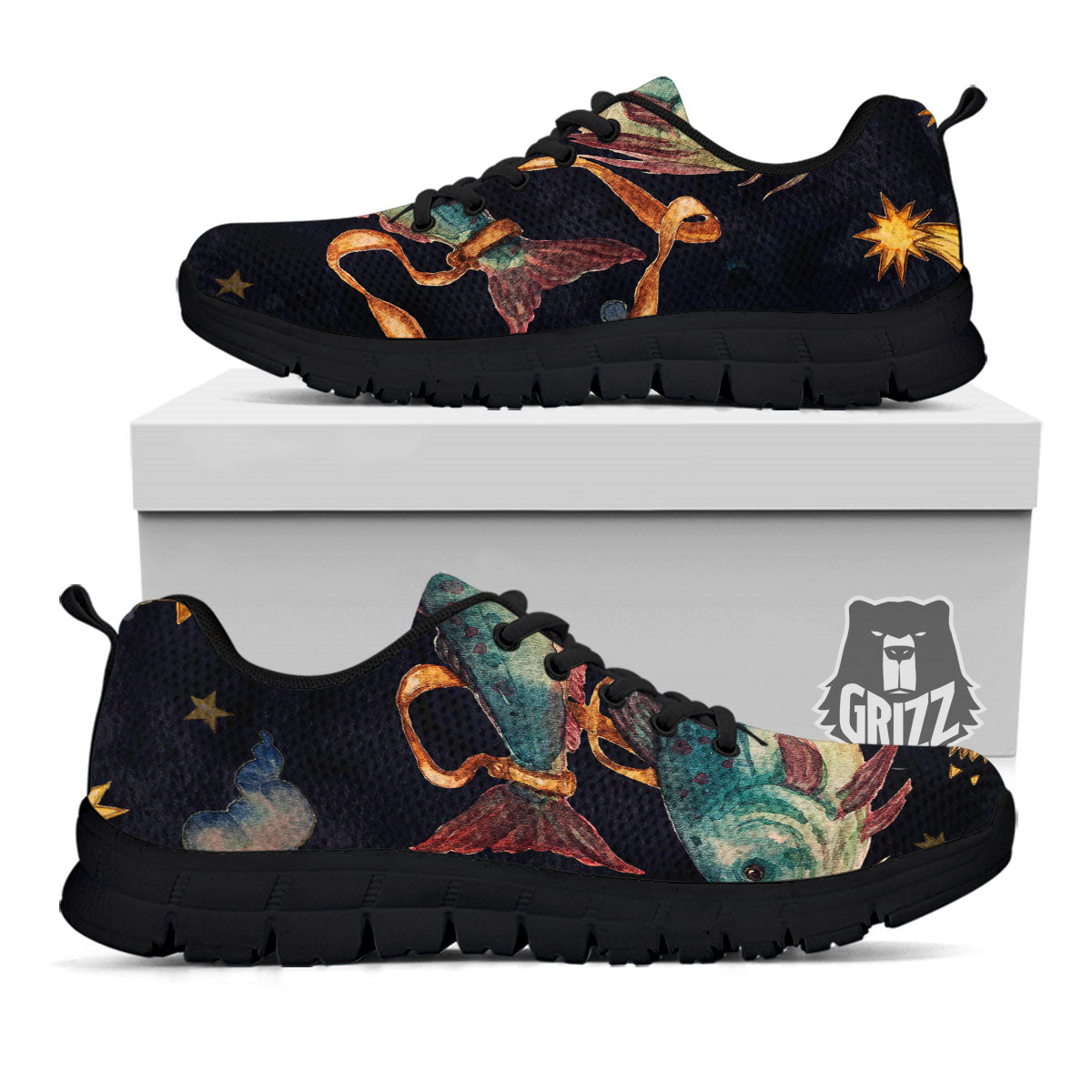 Zodiac Sign Watercolor Pisces Print Black Sneaker-grizzshop