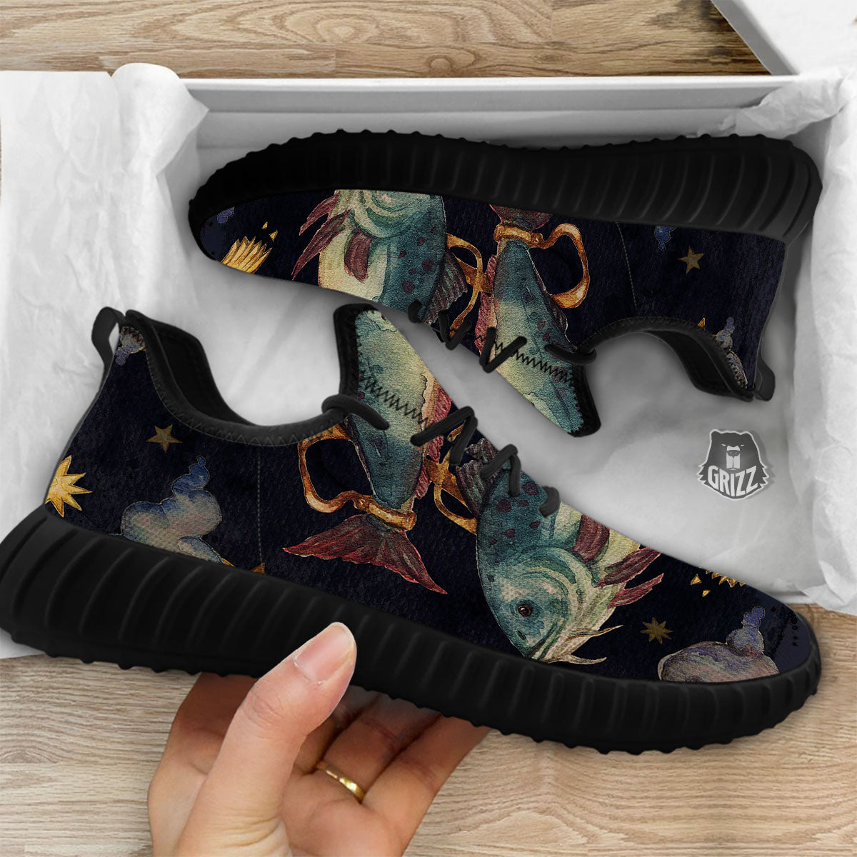 Zodiac Sign Watercolor Pisces Print Black Walking Shoes-grizzshop