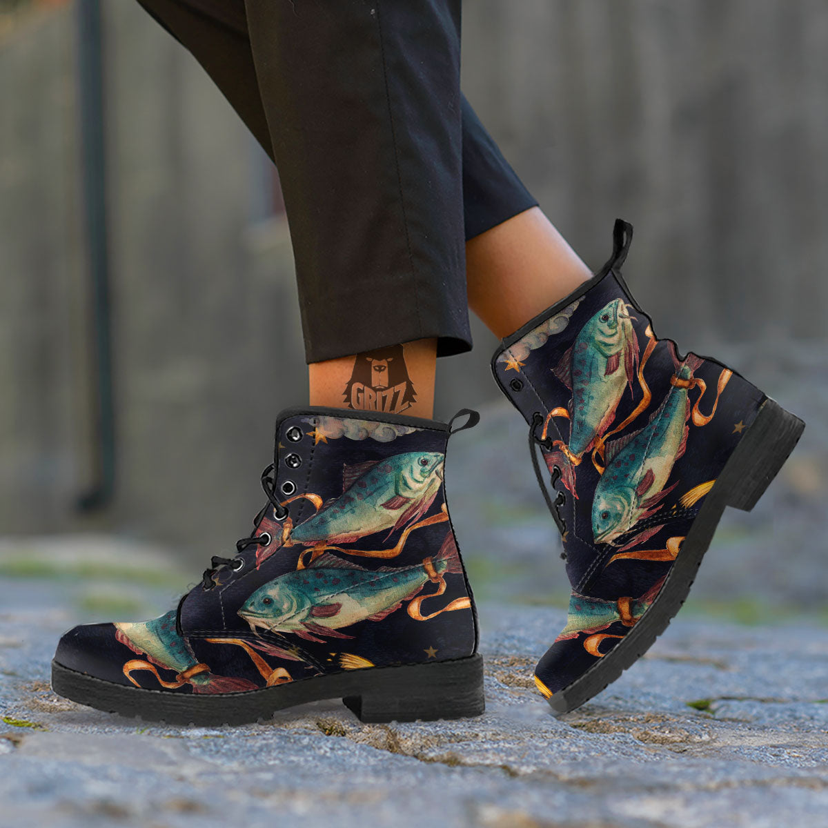 Zodiac Sign Watercolor Pisces Print Leather Boots-grizzshop