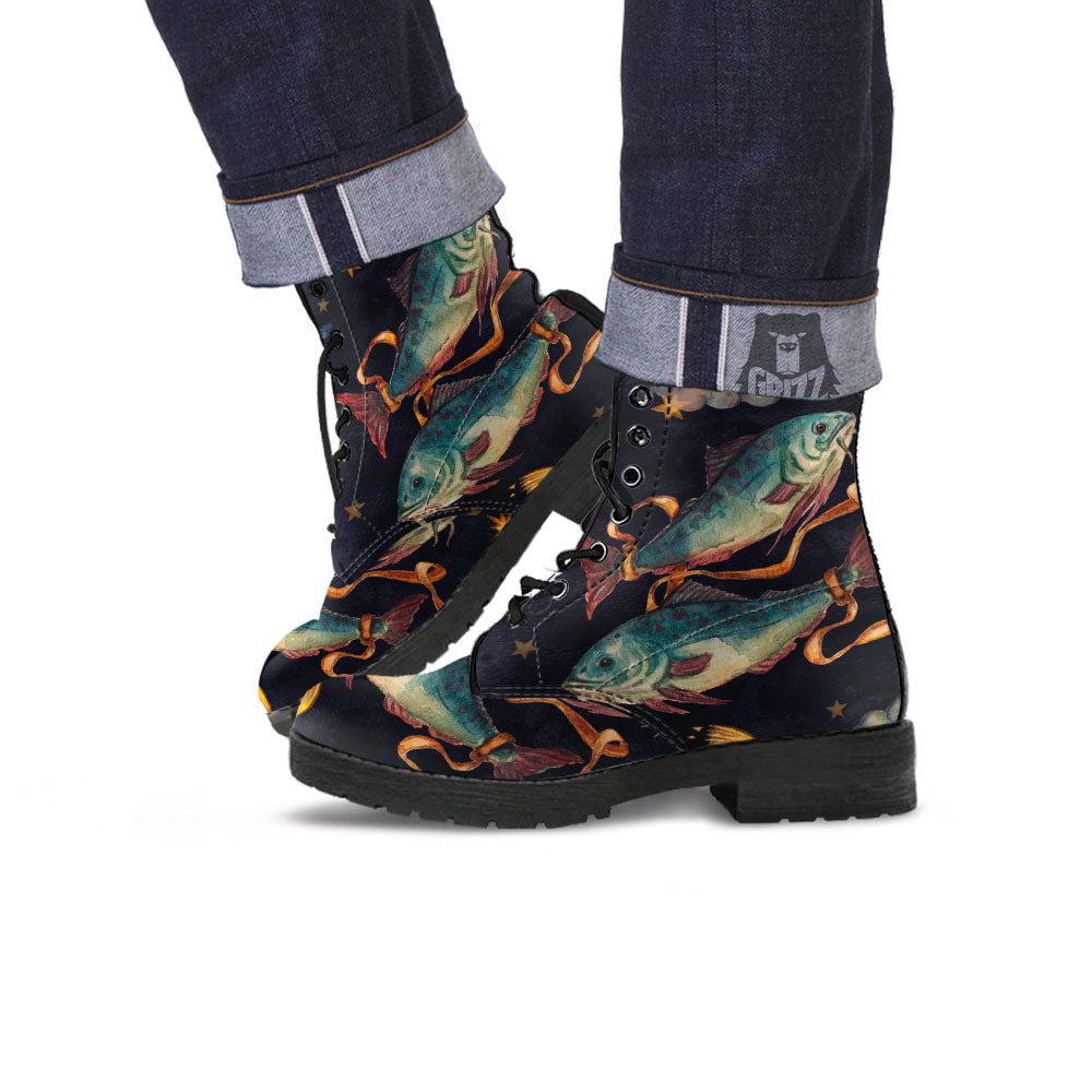 Zodiac Sign Watercolor Pisces Print Leather Boots-grizzshop