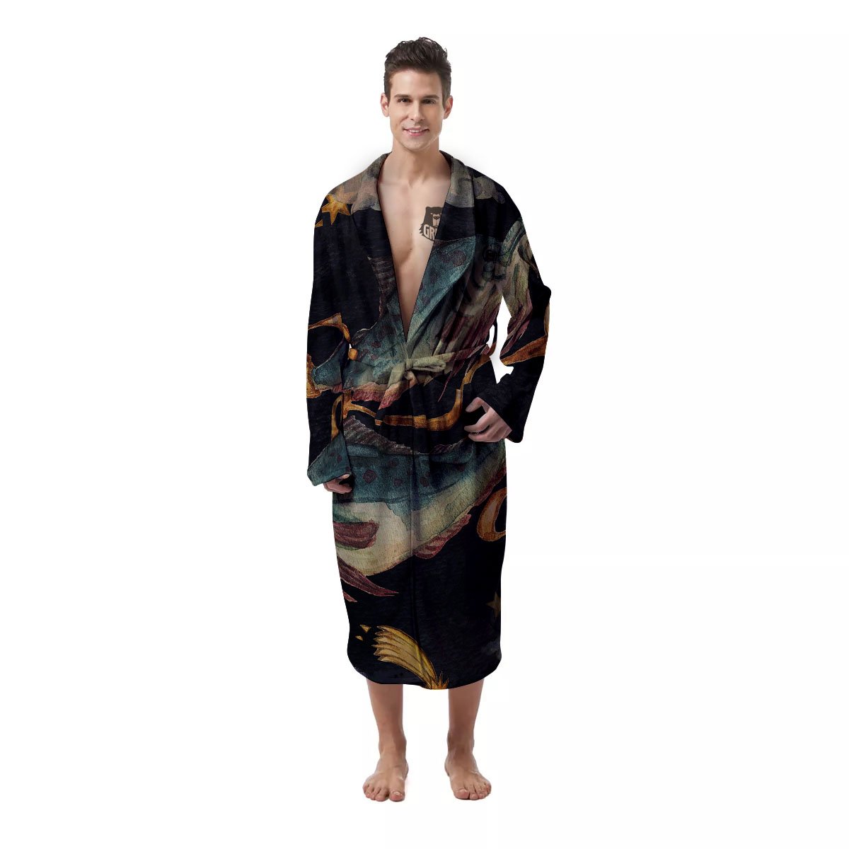 Zodiac Sign Watercolor Pisces Print Men's Robe-grizzshop