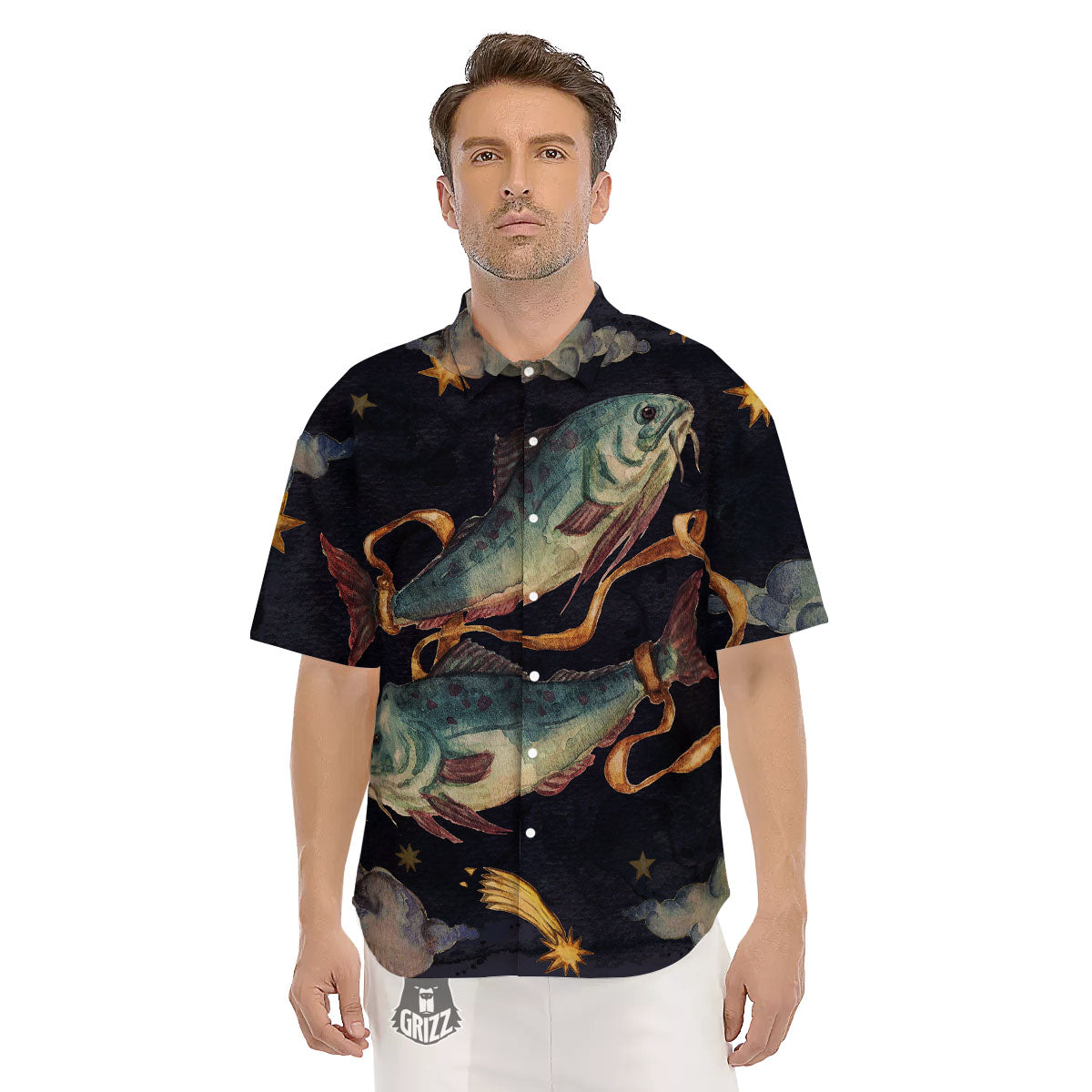 Zodiac Sign Watercolor Pisces Print Men's Short Sleeve Shirts-grizzshop
