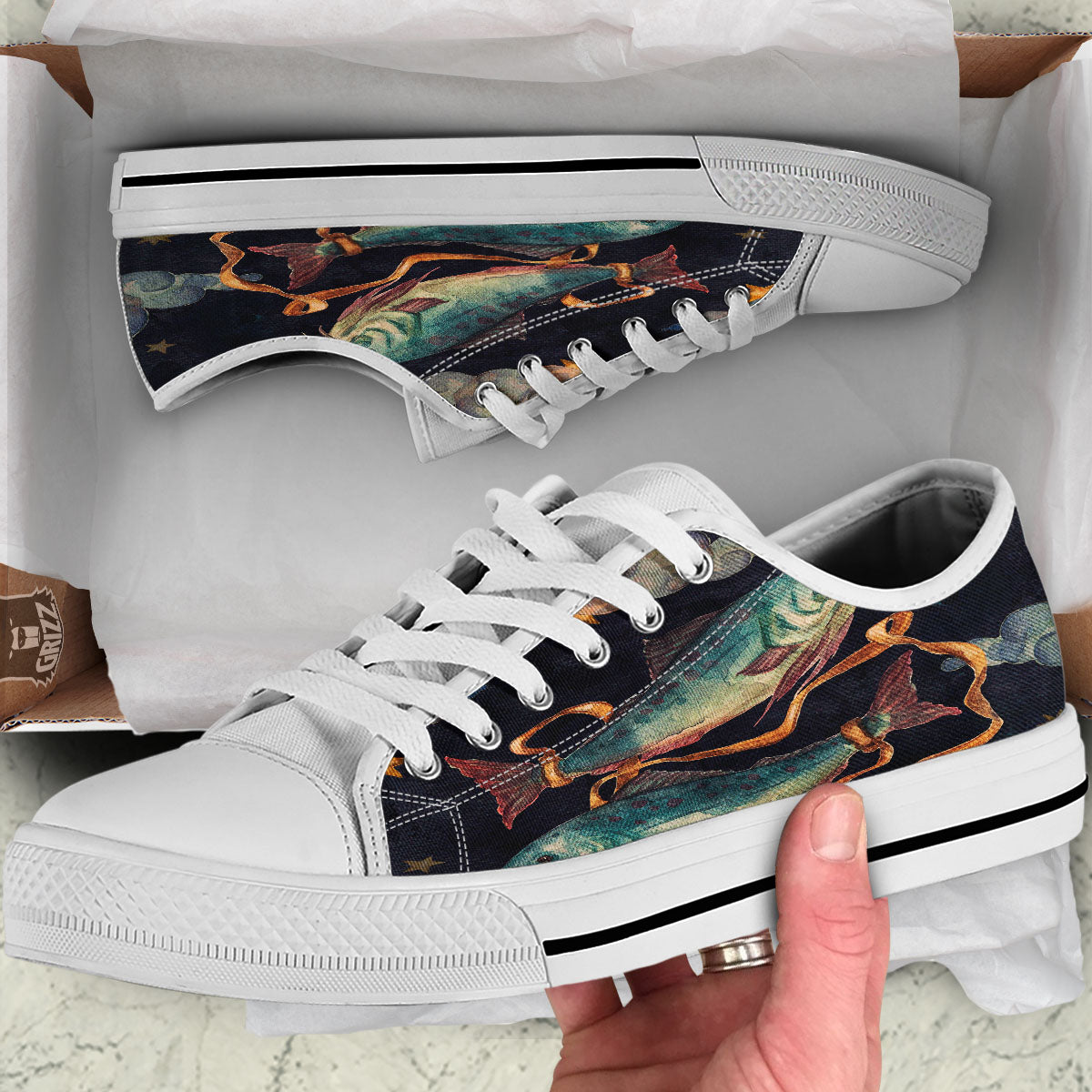 Zodiac Sign Watercolor Pisces Print White Low Top Shoes-grizzshop