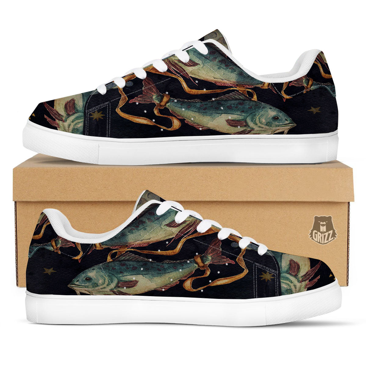 Zodiac Sign Watercolor Pisces Print White Low Top Sneakers-grizzshop