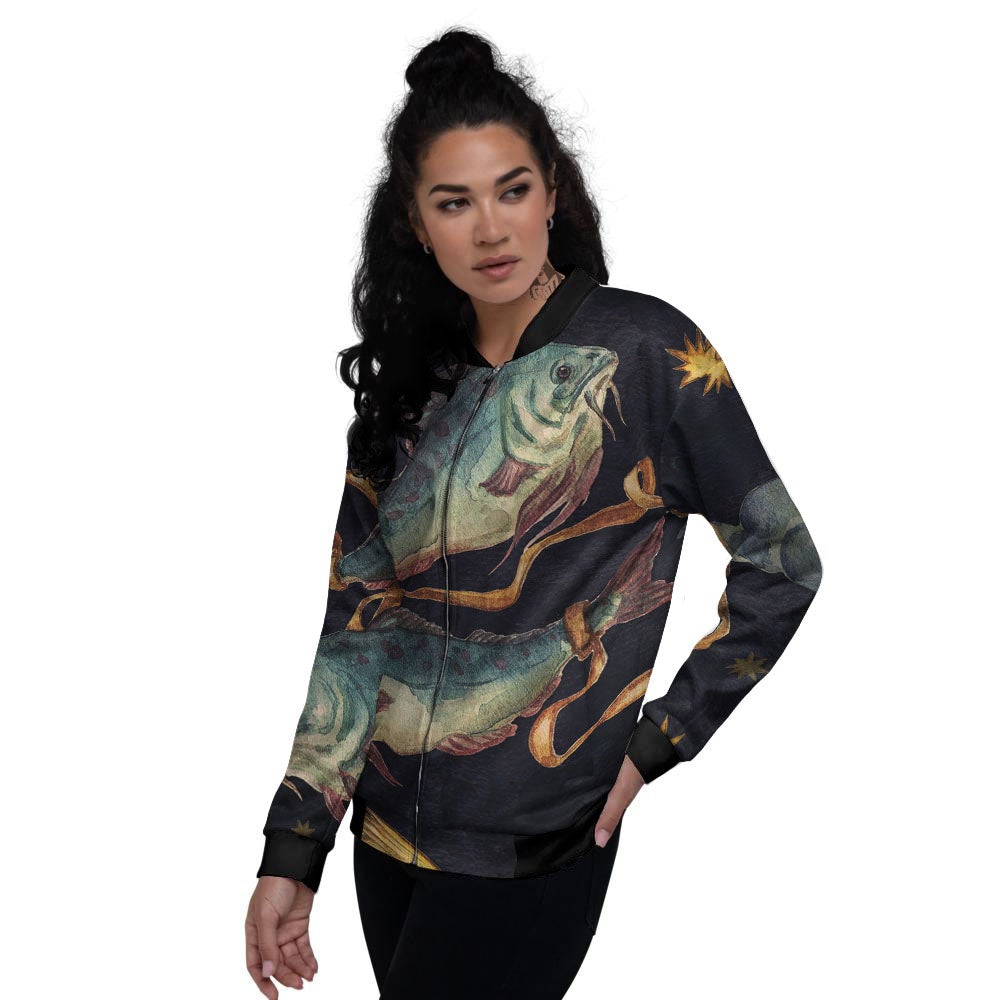 Zodiac Sign Watercolor Pisces Print Women's Bomber Jacket-grizzshop