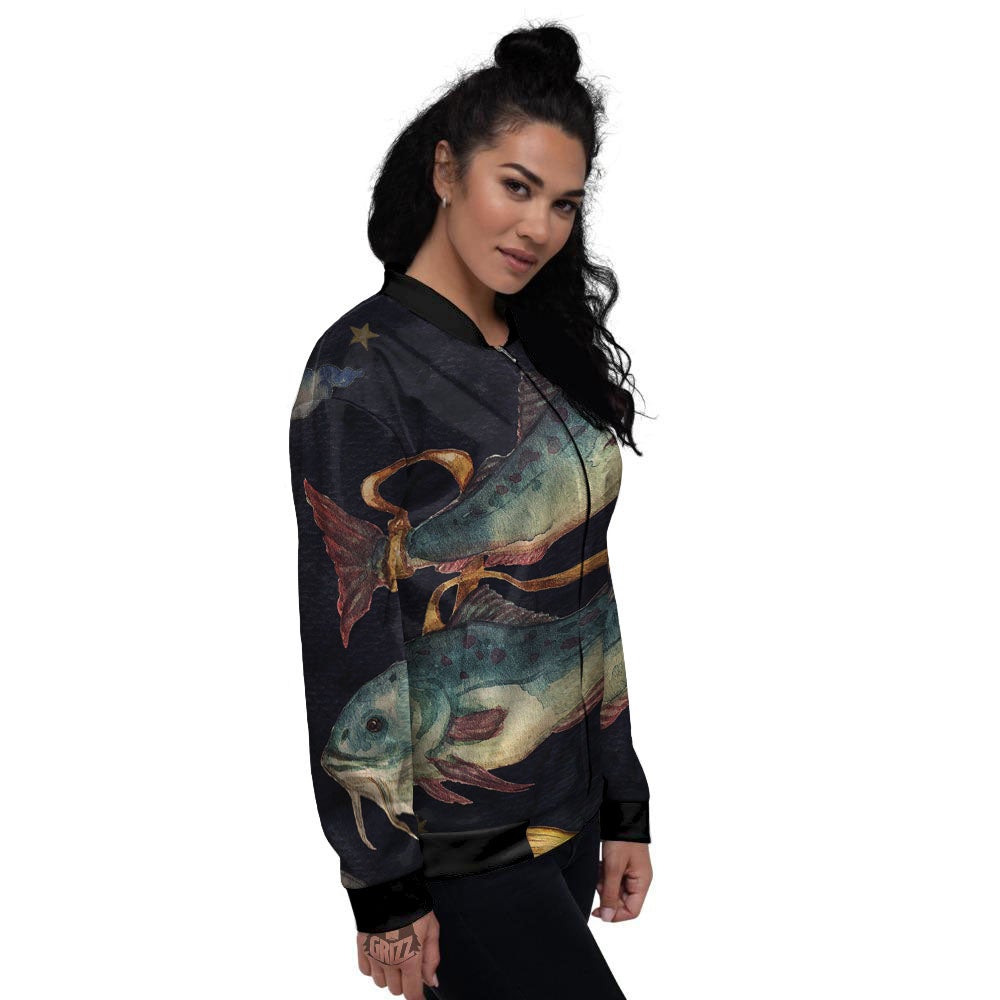 Zodiac Sign Watercolor Pisces Print Women's Bomber Jacket-grizzshop