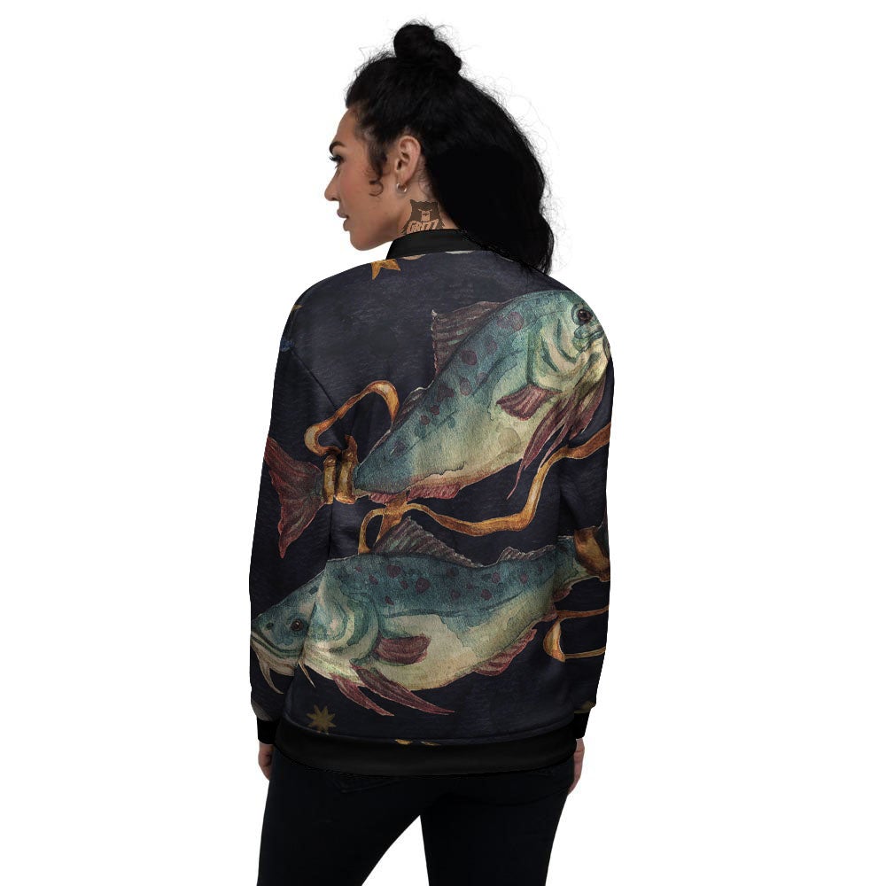 Zodiac Sign Watercolor Pisces Print Women's Bomber Jacket-grizzshop