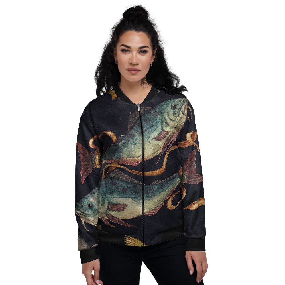 Zodiac Sign Watercolor Pisces Print Women's Bomber Jacket-grizzshop