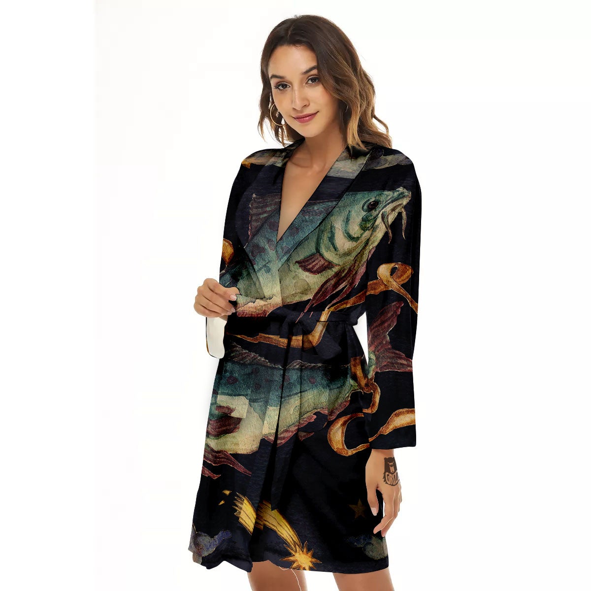Zodiac Sign Watercolor Pisces Print Women's Robe-grizzshop