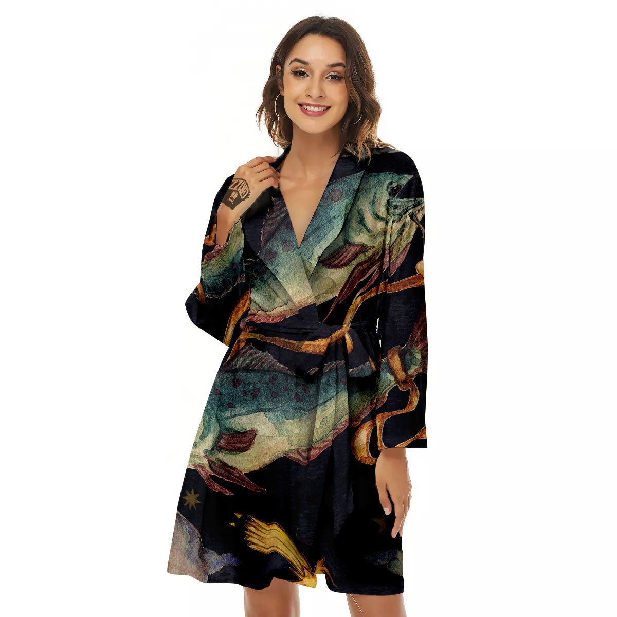 Zodiac Sign Watercolor Pisces Print Women's Robe-grizzshop