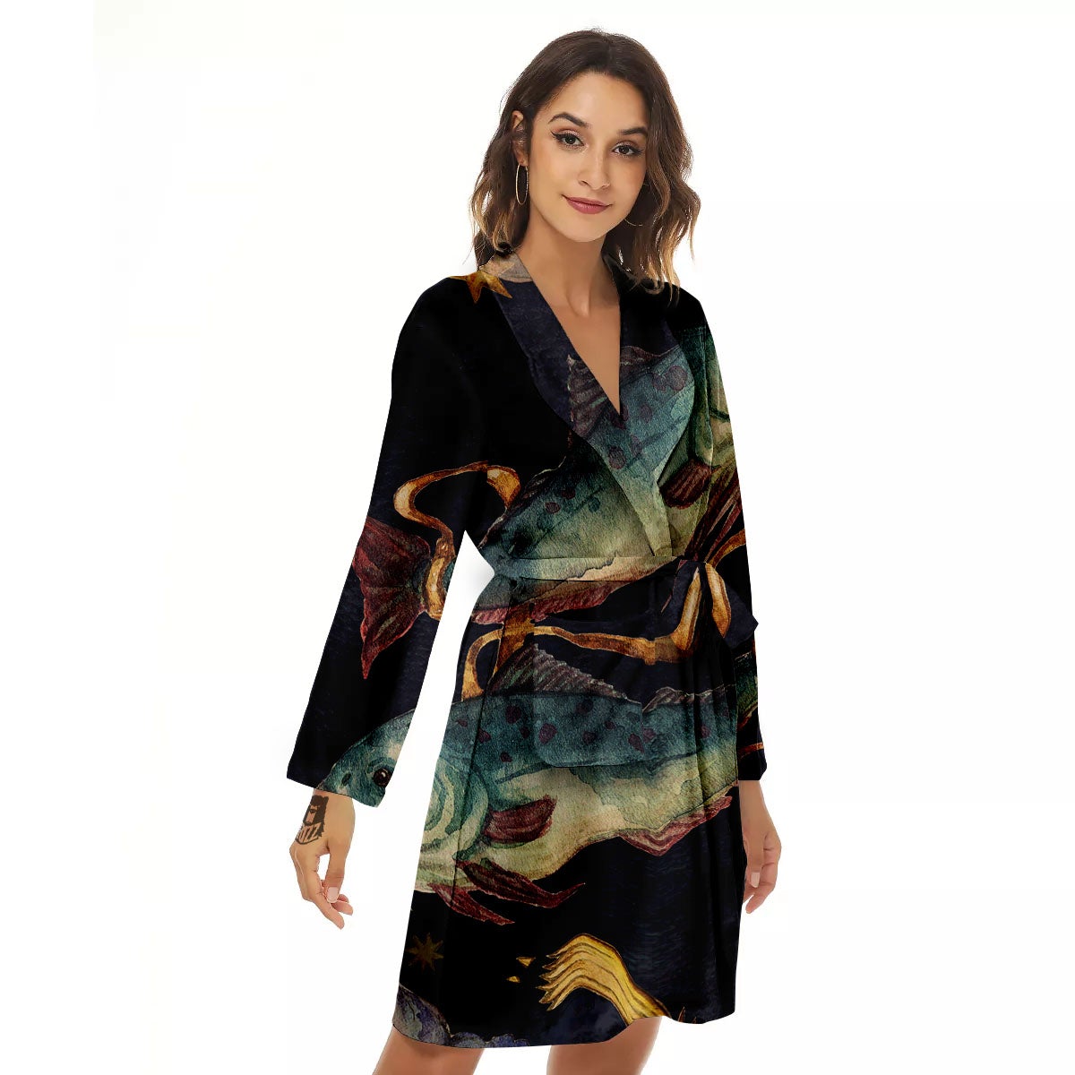 Zodiac Sign Watercolor Pisces Print Women's Robe-grizzshop