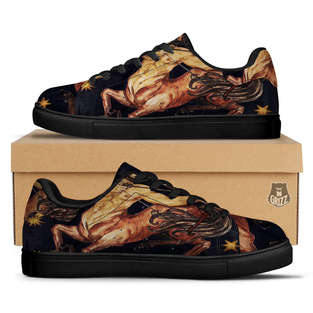 Zodiac Sign Watercolor Sagittarius Print Black Low Top Sneakers-grizzshop