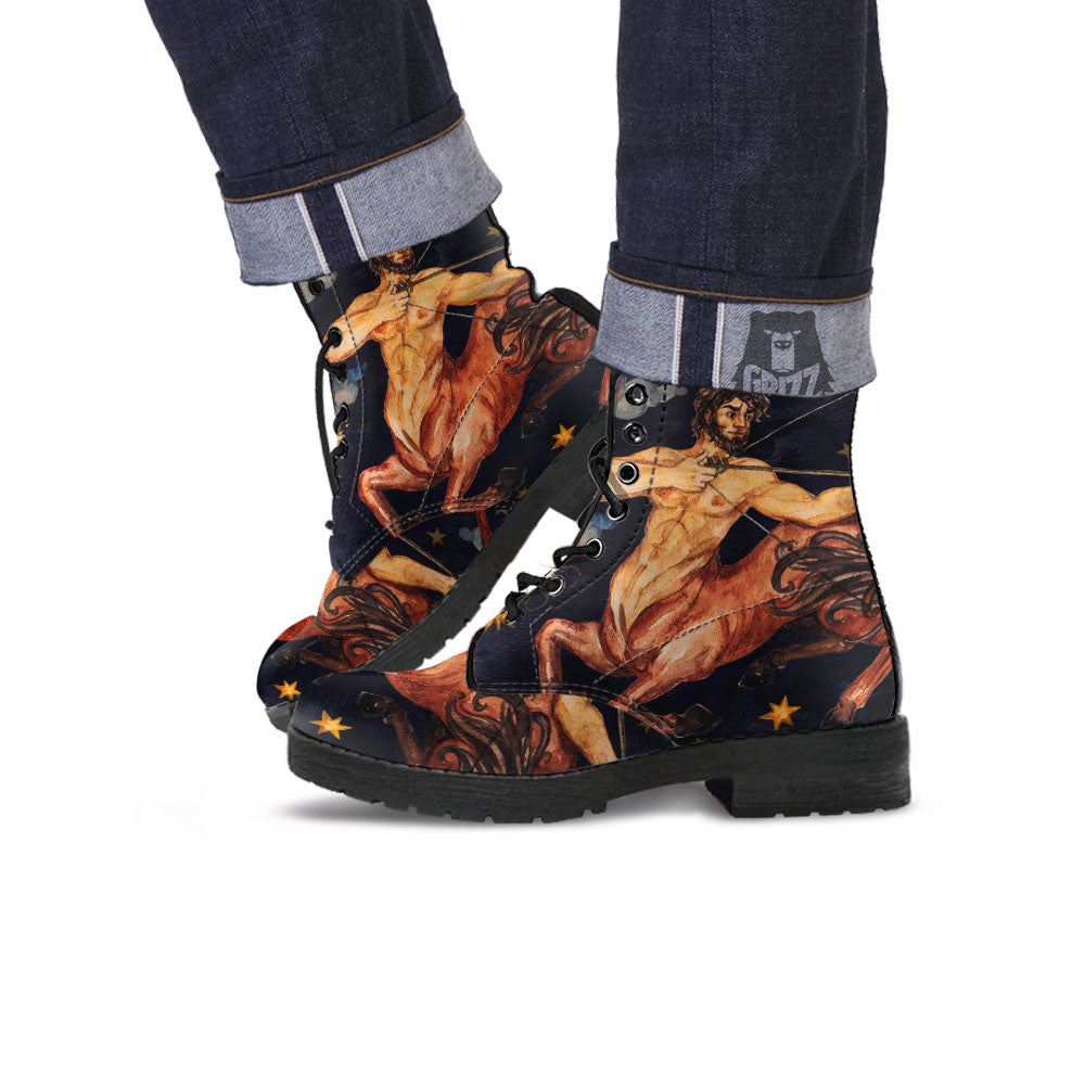 Zodiac Sign Watercolor Sagittarius Print Leather Boots-grizzshop