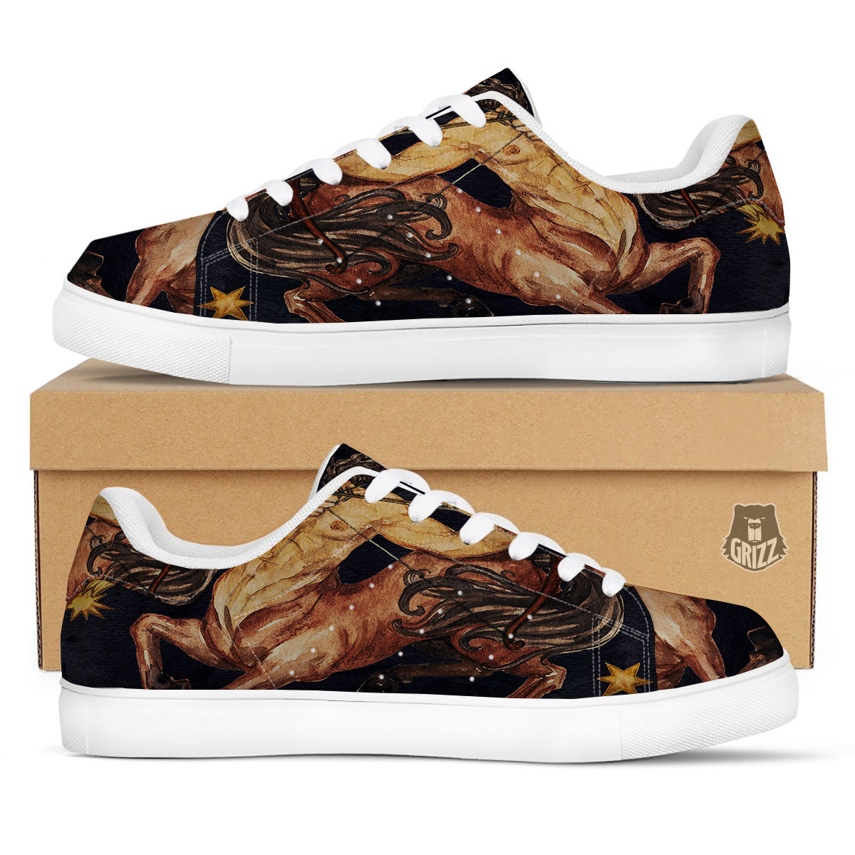 Zodiac Sign Watercolor Sagittarius Print White Low Top Sneakers-grizzshop