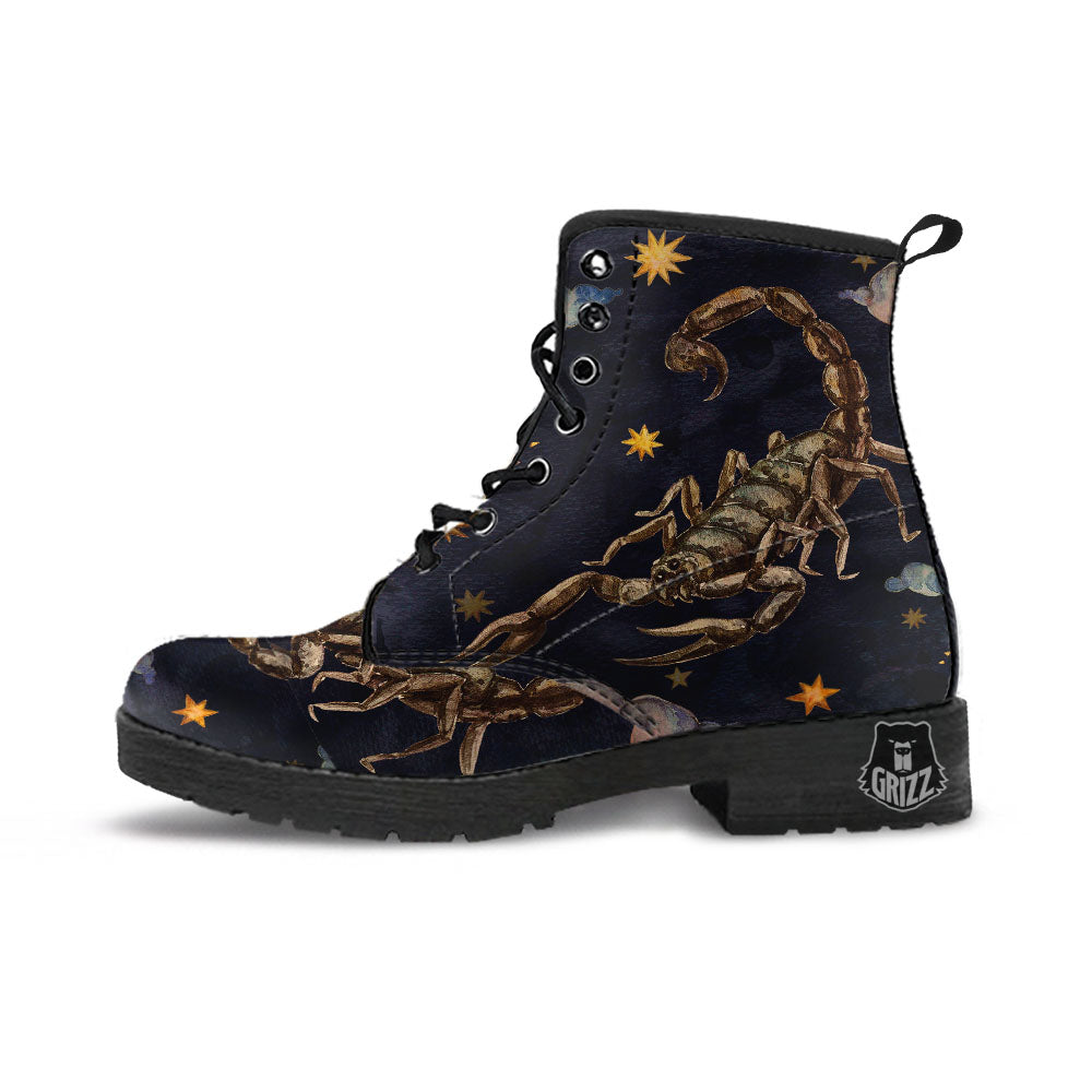 Zodiac Sign Watercolor Scorpio Print Leather Boots-grizzshop