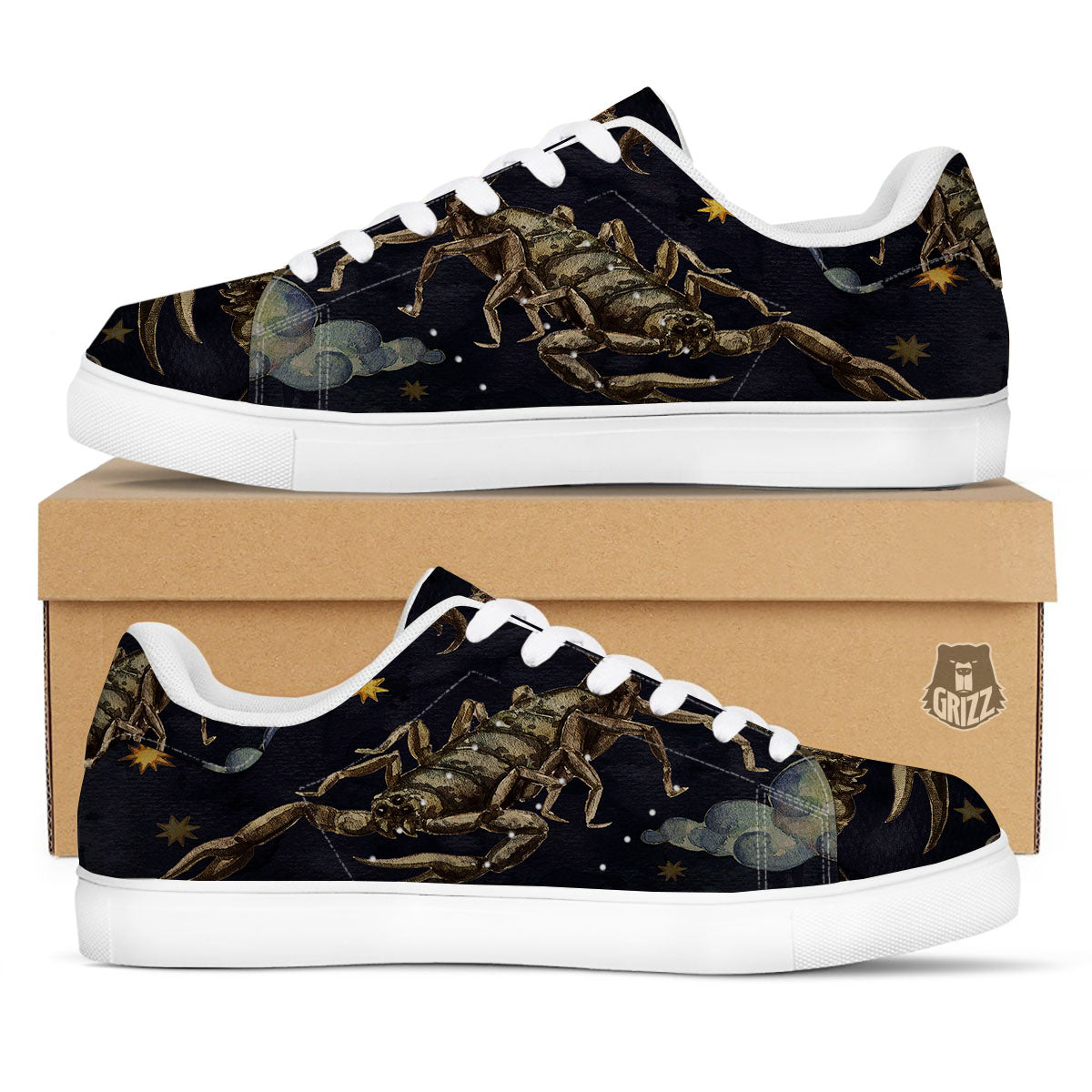 Zodiac Sign Watercolor Scorpio Print White Low Top Sneakers-grizzshop