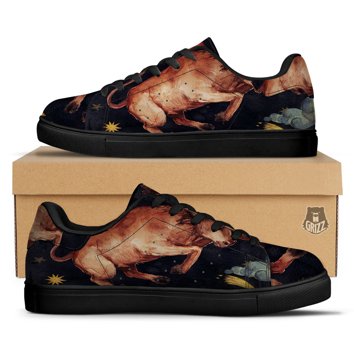 Zodiac Sign Watercolor Taurus Print Black Low Top Sneakers-grizzshop