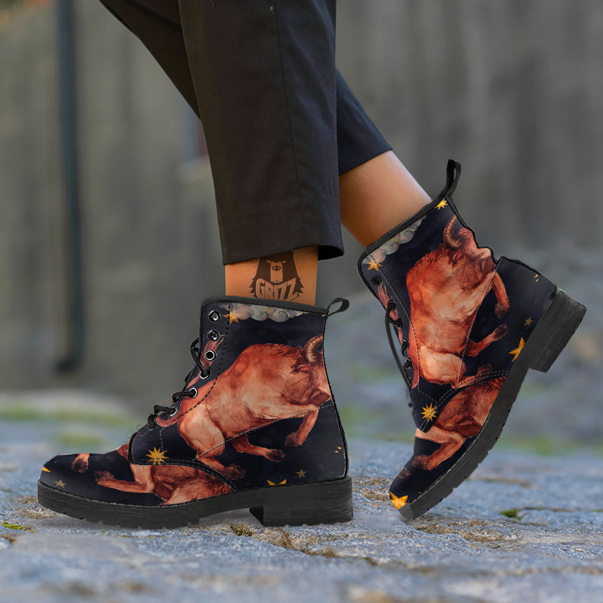 Zodiac Sign Watercolor Taurus Print Leather Boots-grizzshop