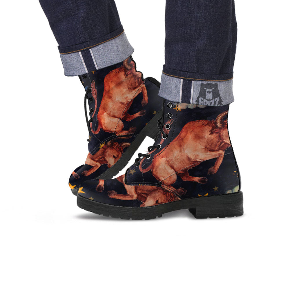 Zodiac Sign Watercolor Taurus Print Leather Boots-grizzshop