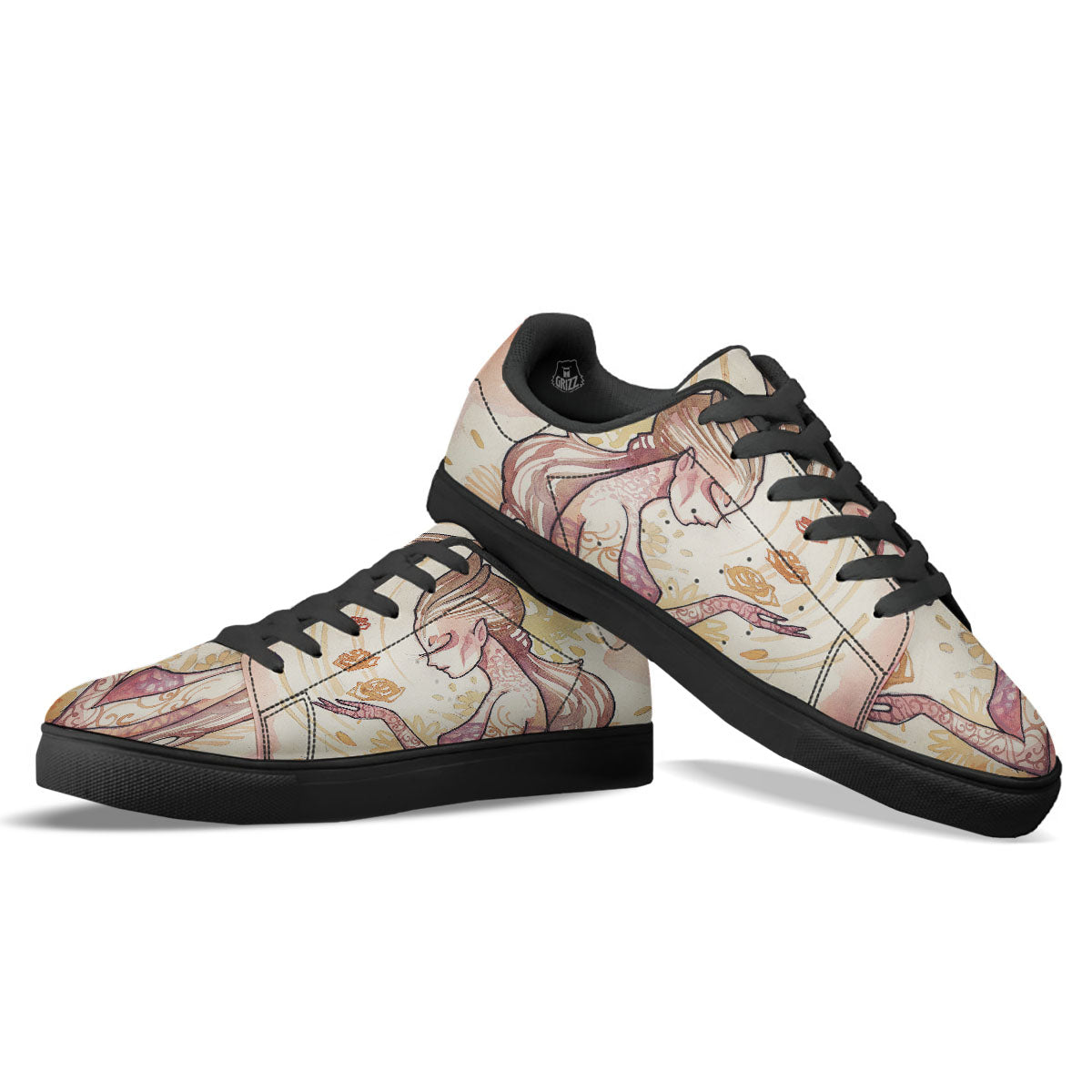 Zodiac Sign Watercolor Virgo Print Black Low Top Sneakers-grizzshop