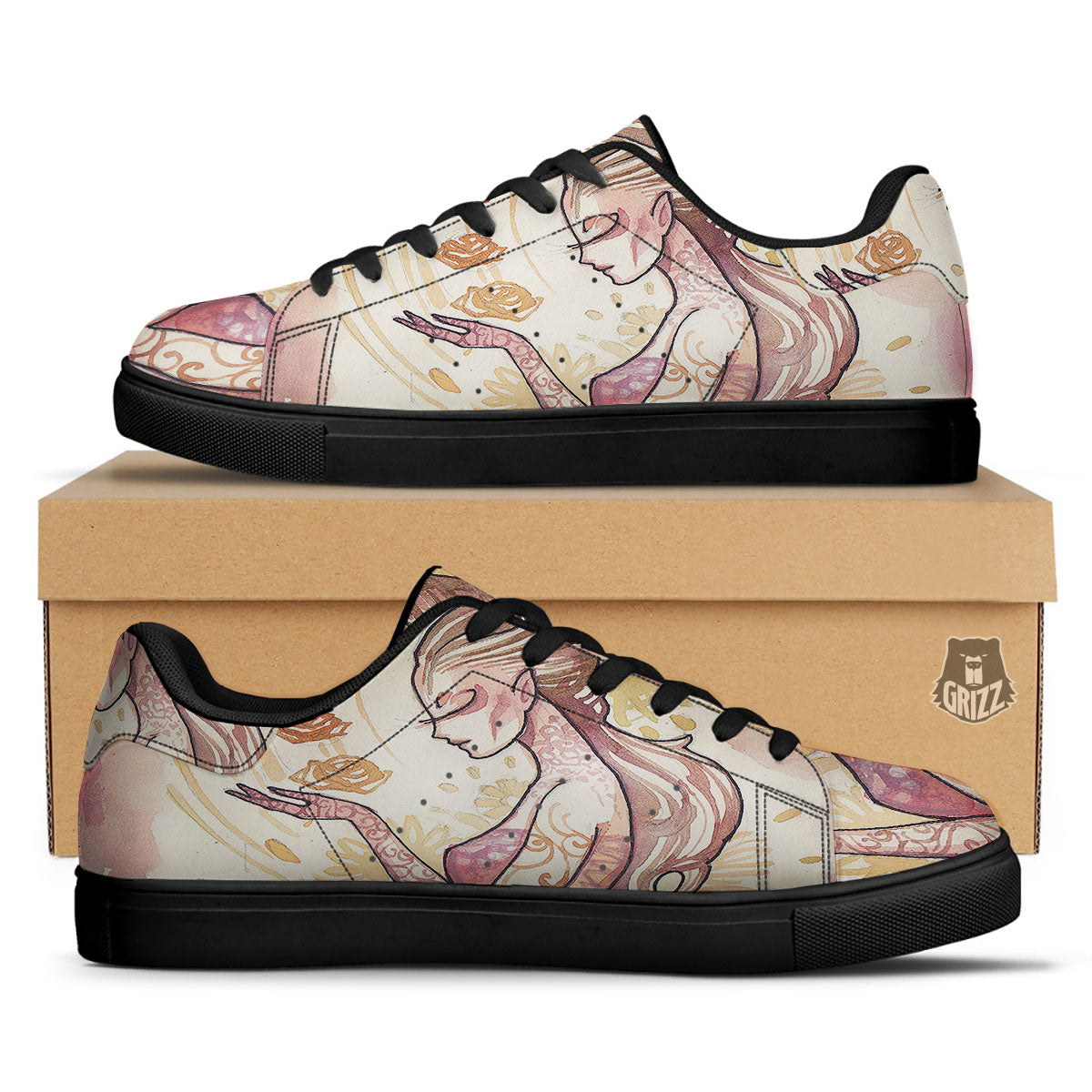 Zodiac Sign Watercolor Virgo Print Black Low Top Sneakers-grizzshop
