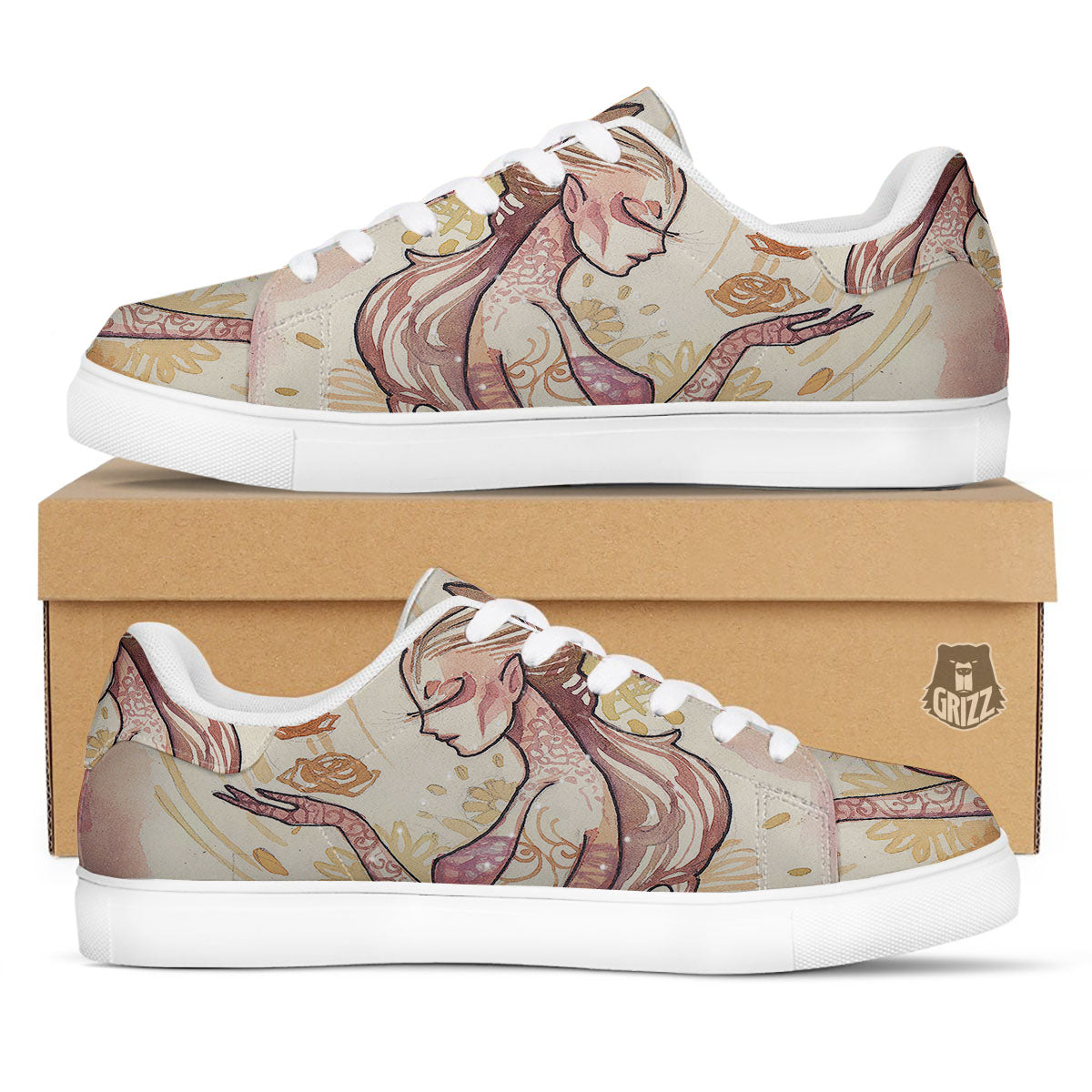 Zodiac Sign Watercolor Virgo Print White Low Top Sneakers-grizzshop