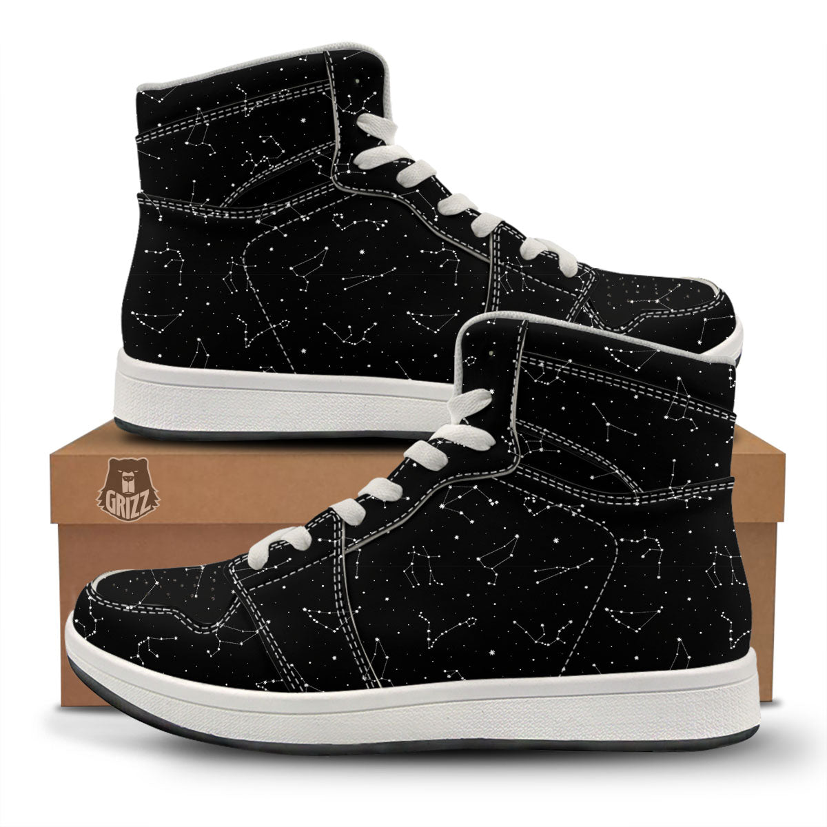 Zodiac Stars White And Black Print High Top Sneakers-grizzshop