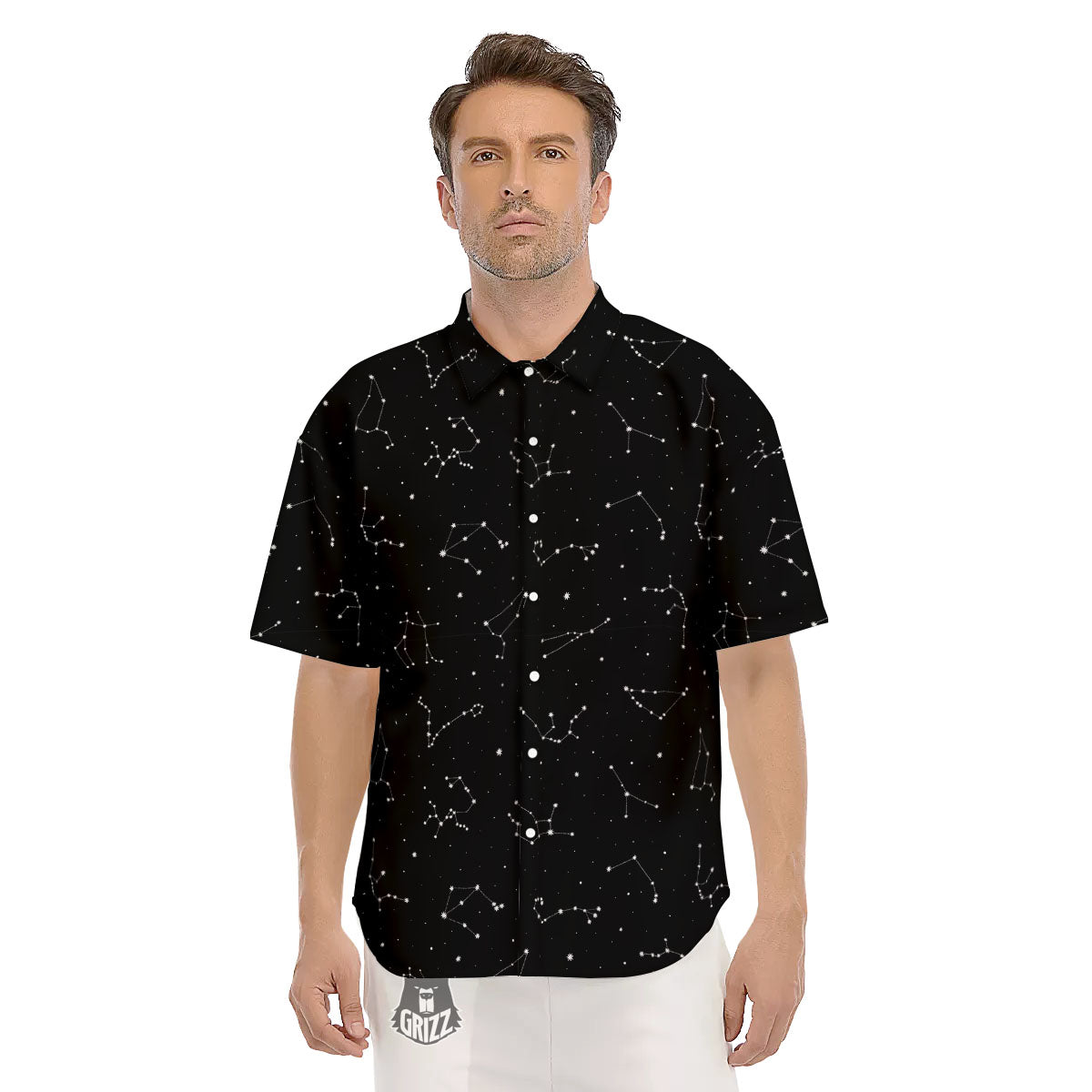 Zodiac Stars White And Black Print Men's Short Sleeve Shirts-grizzshop