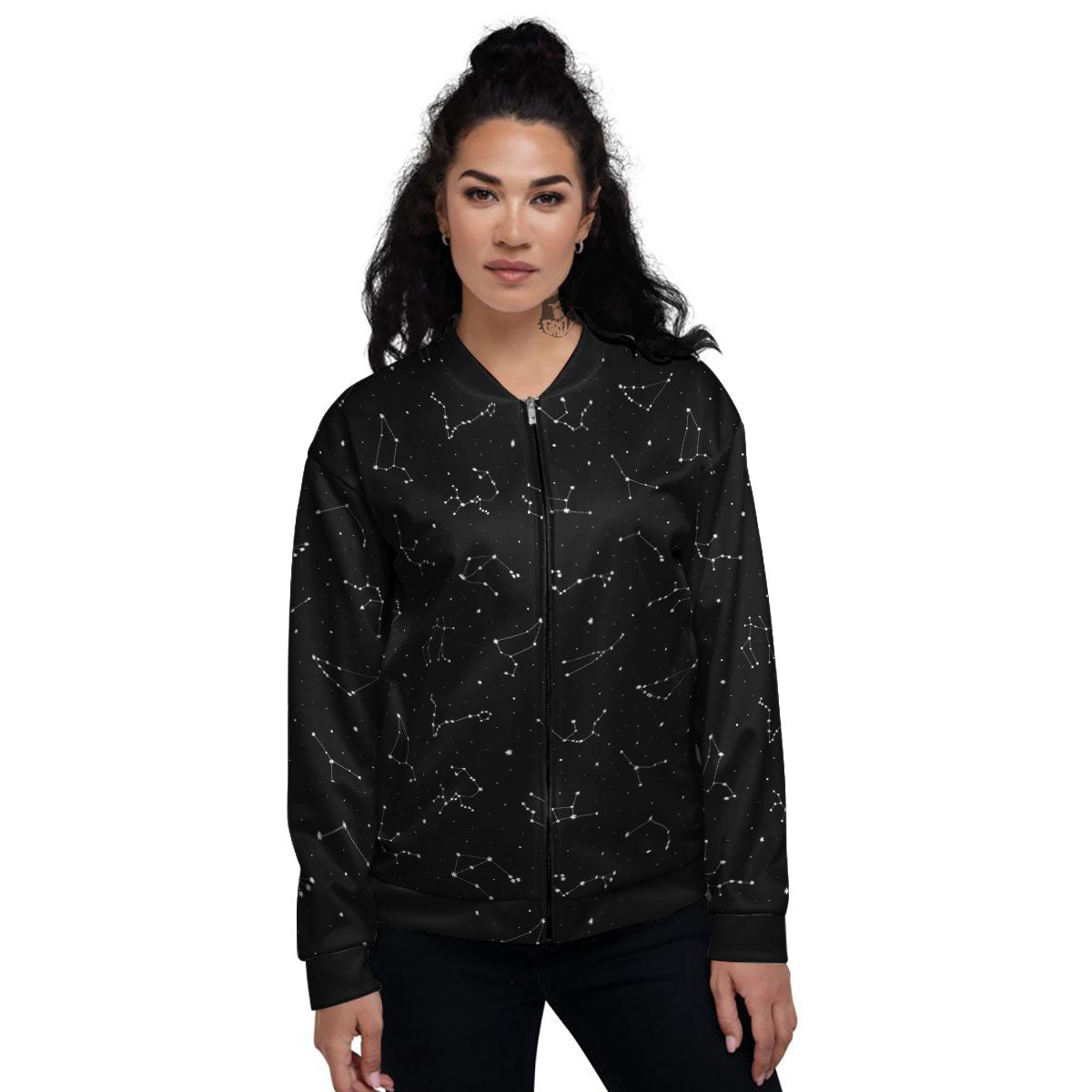 Zodiac Stars White And Black Print Women's Bomber Jacket-grizzshop