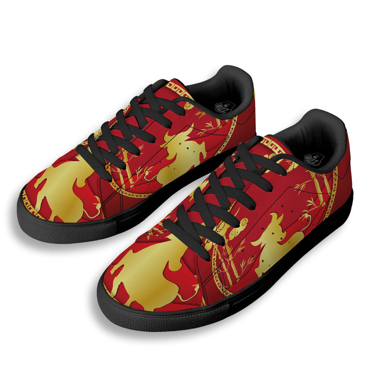Zodiac Symbol Chinese Ox Print Black Low Top Sneakers-grizzshop