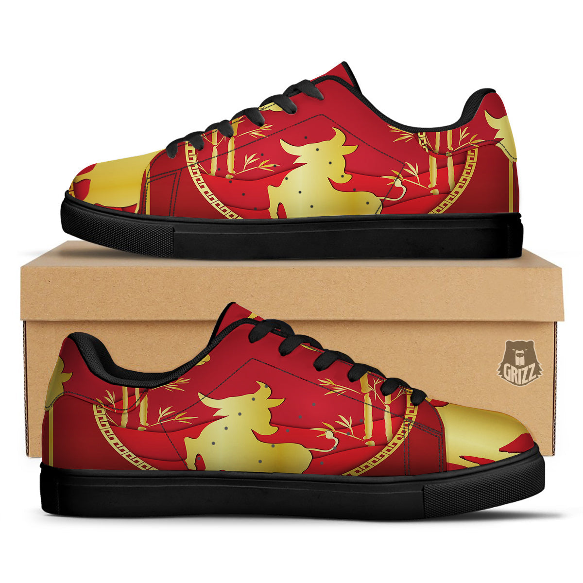Zodiac Symbol Chinese Ox Print Black Low Top Sneakers-grizzshop