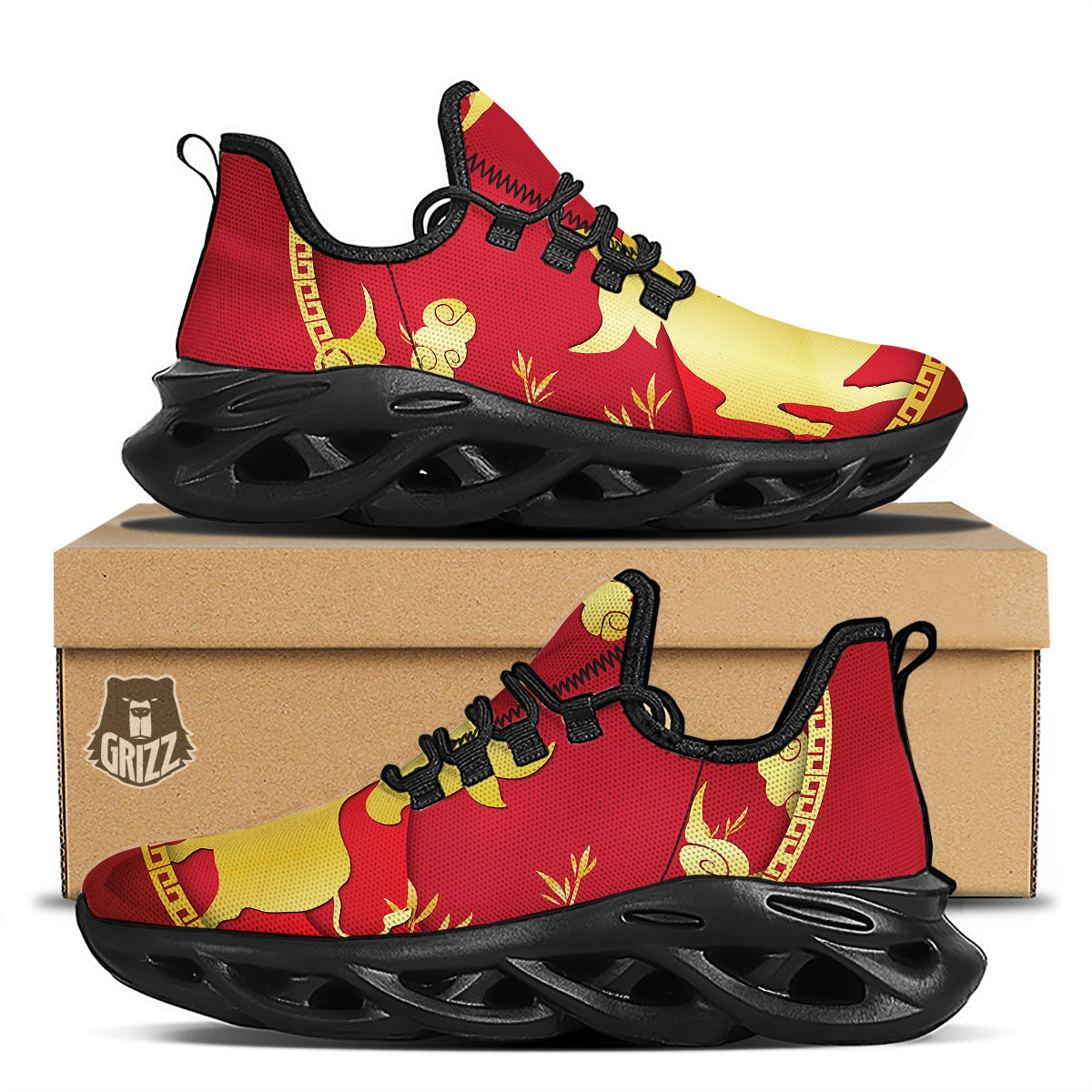 Zodiac Symbol Chinese Ox Print Black Running Shoes-grizzshop