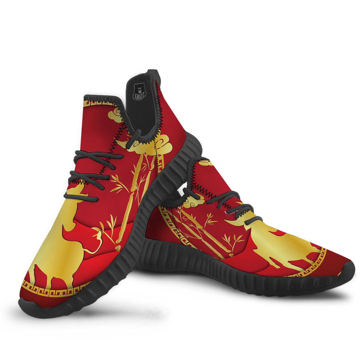 Zodiac Symbol Chinese Ox Print Black Walking Shoes-grizzshop