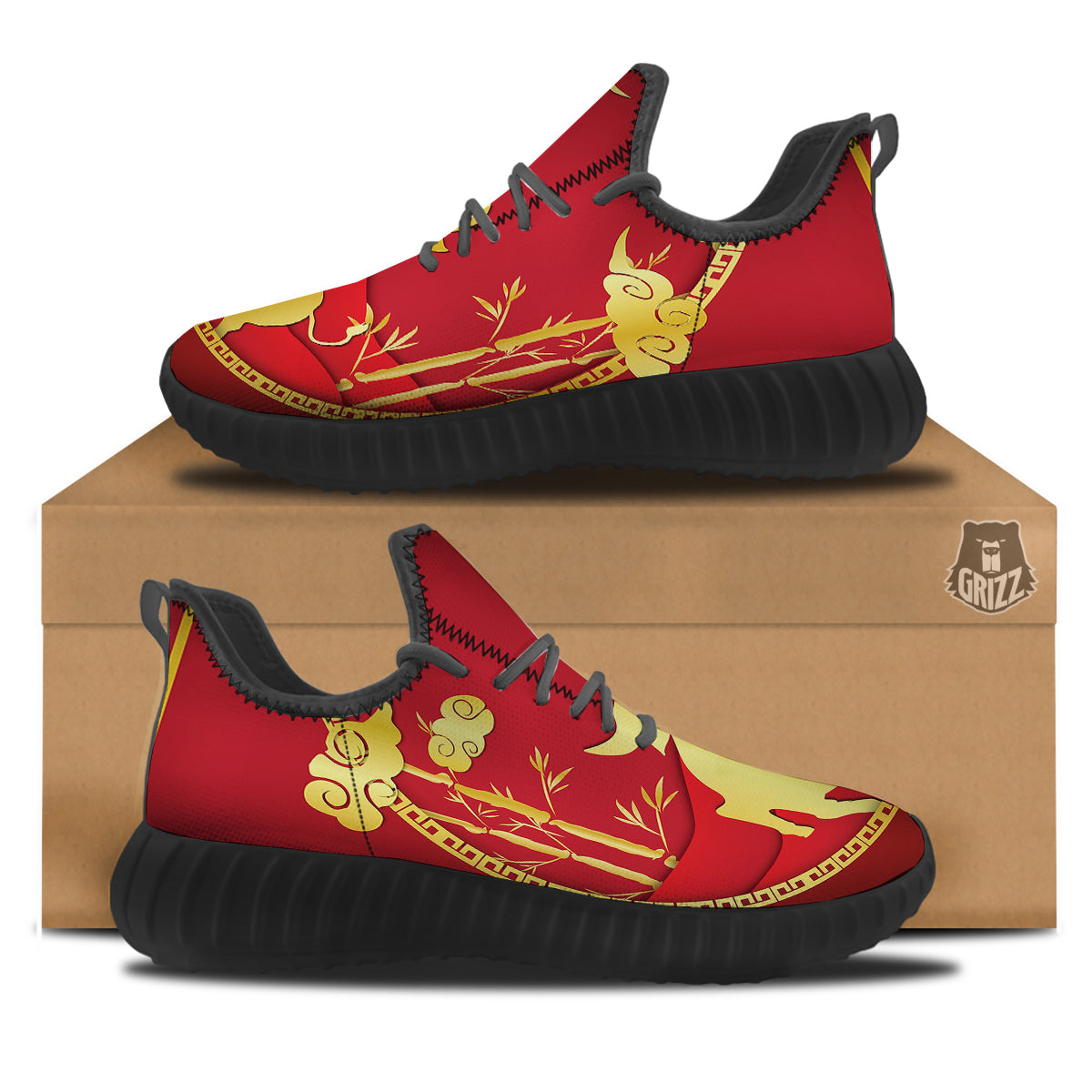 Zodiac Symbol Chinese Ox Print Black Walking Shoes-grizzshop