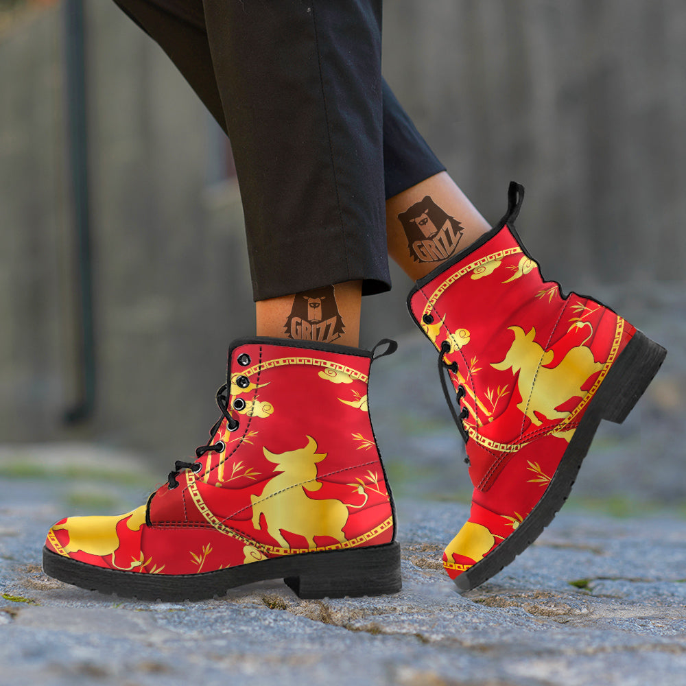 Zodiac Symbol Chinese Ox Print Leather Boots-grizzshop