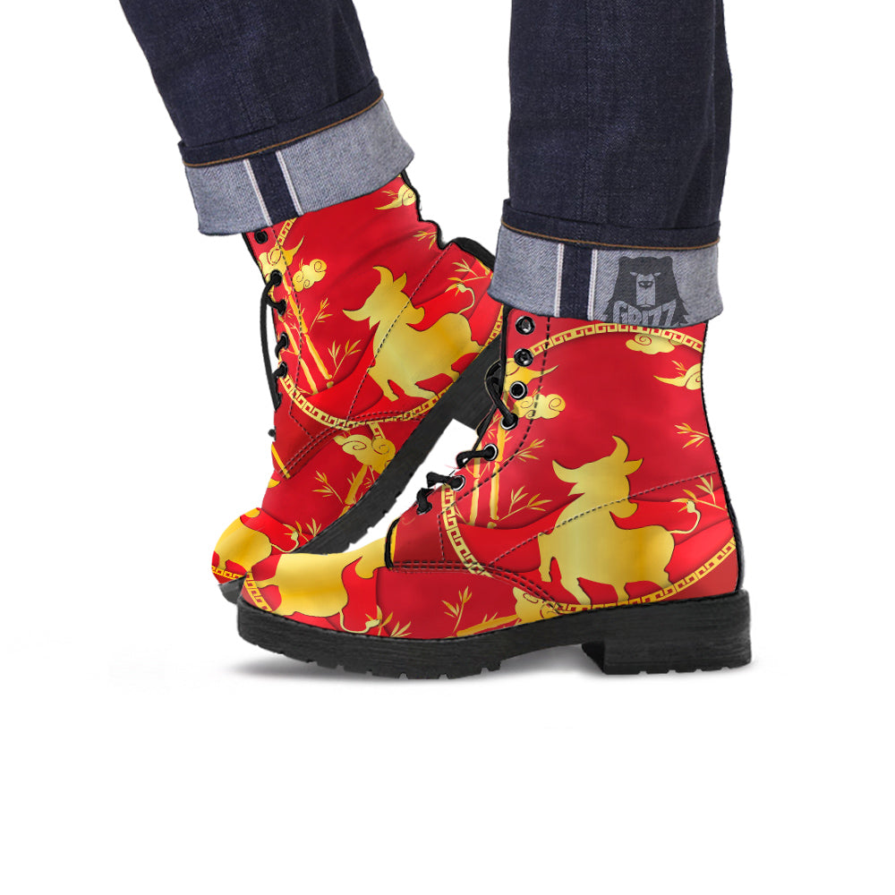 Zodiac Symbol Chinese Ox Print Leather Boots-grizzshop