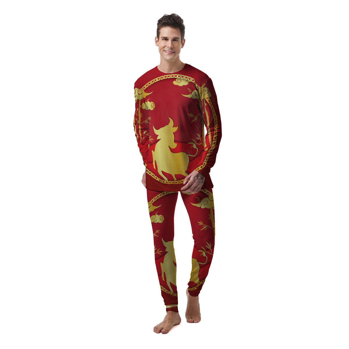 Zodiac Symbol Chinese Ox Print Men's Pajamas-grizzshop