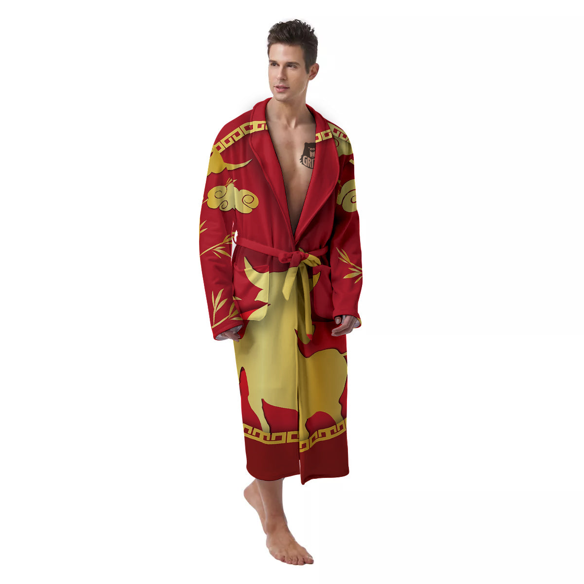 Zodiac Symbol Chinese Ox Print Men's Robe-grizzshop