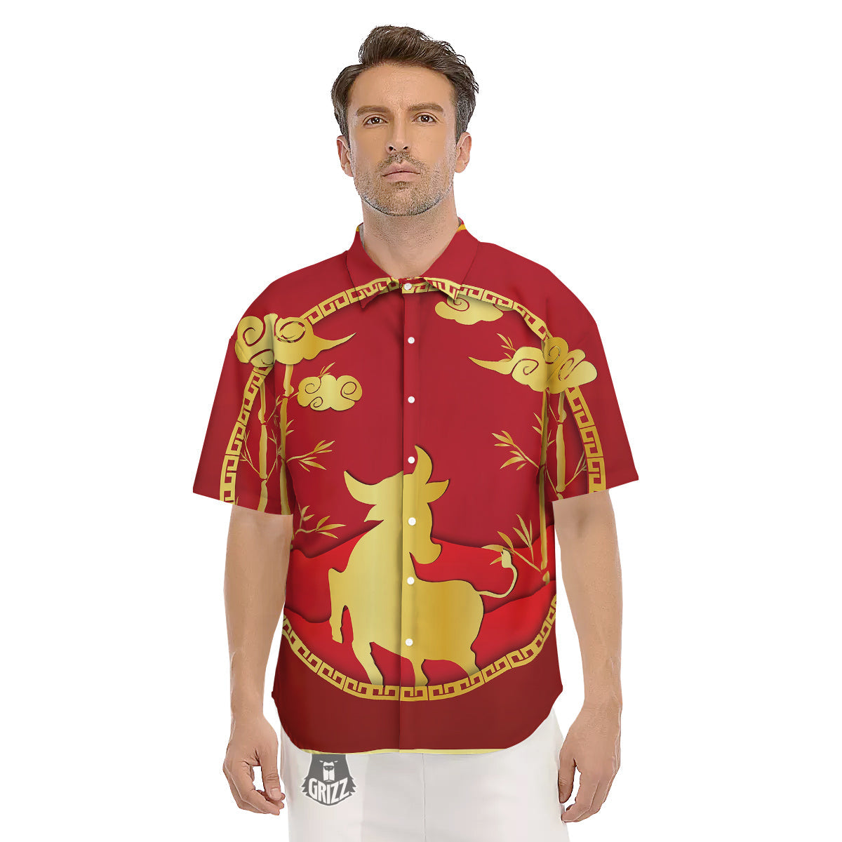 Zodiac Symbol Chinese Ox Print Men's Short Sleeve Shirts-grizzshop