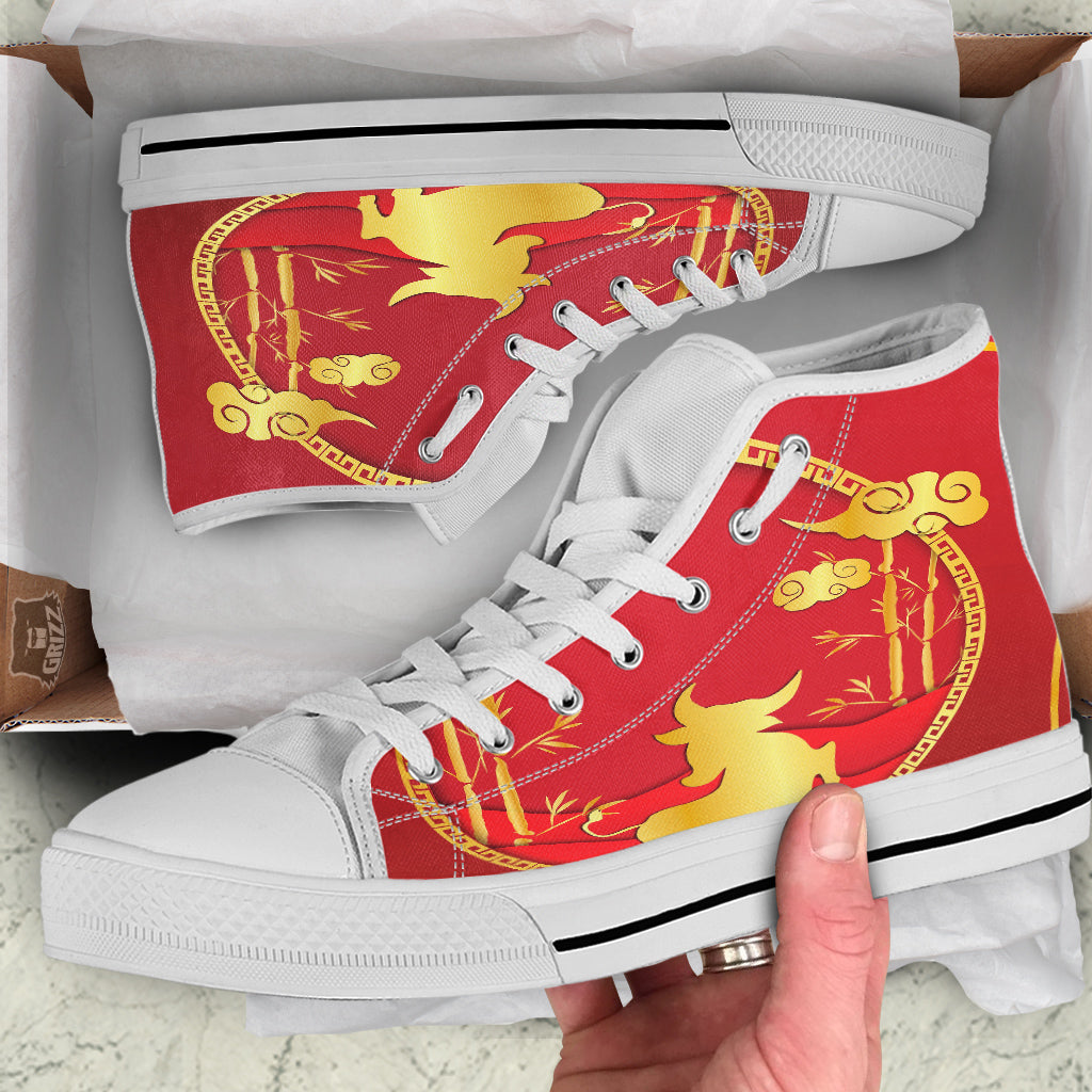Zodiac Symbol Chinese Ox Print White High Top Shoes-grizzshop